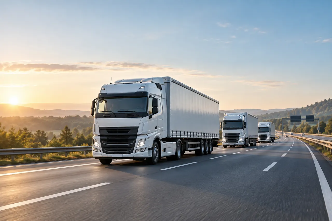Camiones en fila por una autopista europea, cada uno camino de su descarga.