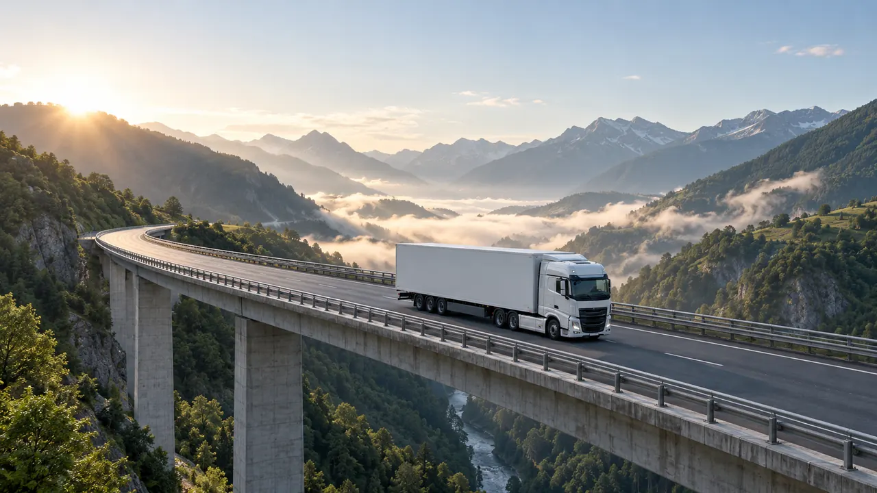 Un camión articulado cruza un viaducto entre montañas con niebla, al comienzo de un largo viaje por carretera.